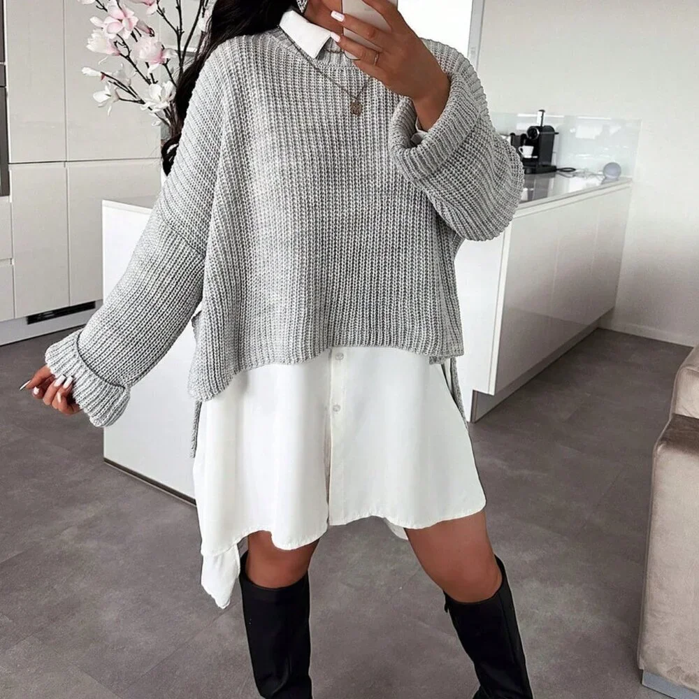 Grey Casual Women's Minimalist Long Split Sweater Top